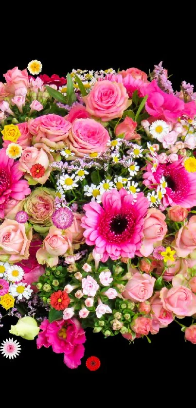 Vibrant bouquet of pink flowers with roses and daisies on a mobile wallpaper.