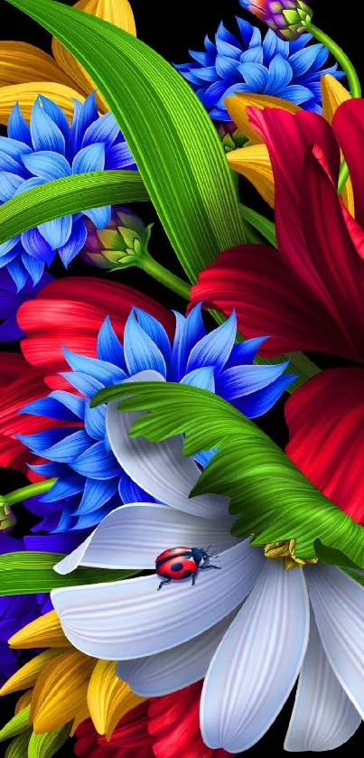 Colorful floral bouquet wallpaper with red, blue, and yellow flowers on black.