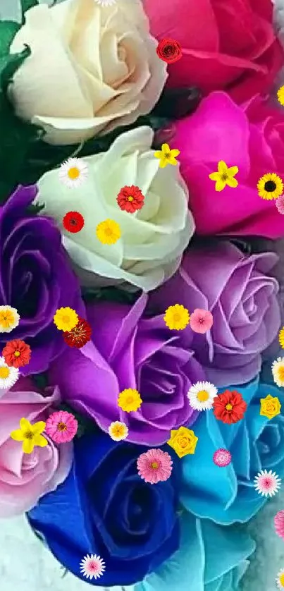 Vibrant bouquet of multicolored roses, perfect for wallpapers.