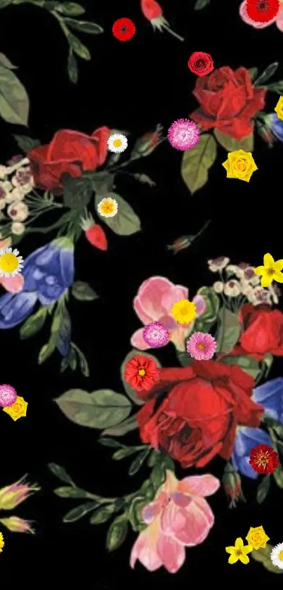 Floral wallpaper with red roses on black background.