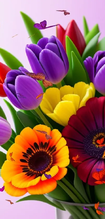 Vibrant bouquet of tulips and daisies on a purple gradient background.