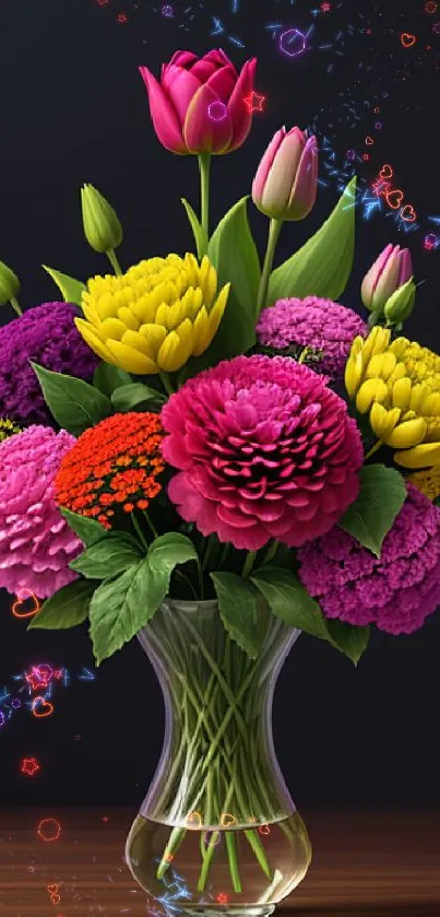 Vibrant flower bouquet in a glass vase on sleek black background.