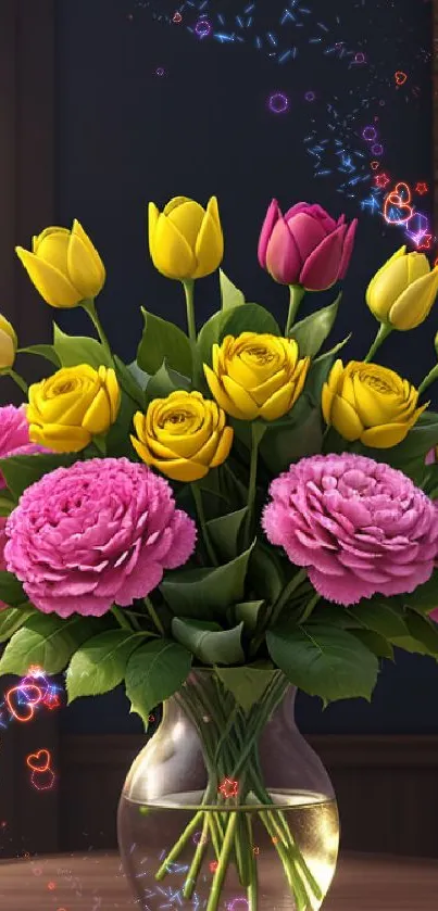 Vibrant floral bouquet with yellow tulips and pink roses in a glass vase.