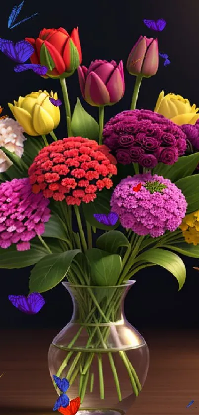 Vase with vibrant and colorful flowers on a dark background.