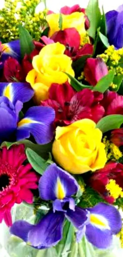 Vibrant floral bouquet with yellow, pink, and purple flowers.