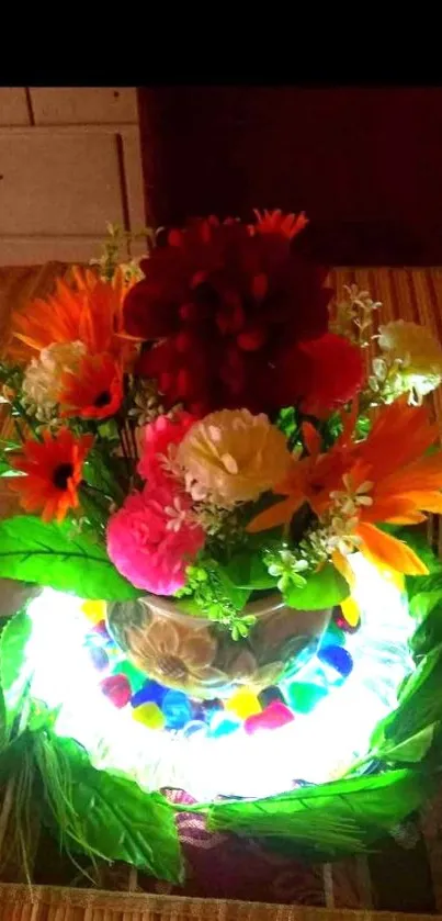 Bright floral bouquet with glowing base on a table.