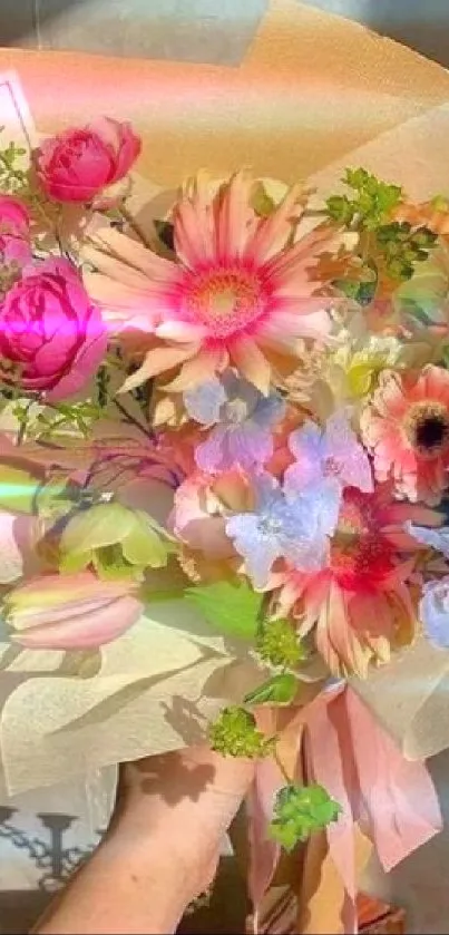 Vibrant bouquet of colorful flowers in warm sunlight.