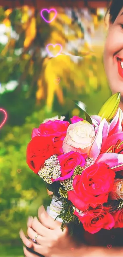 Smiling woman with vibrant flower bouquet and green background.