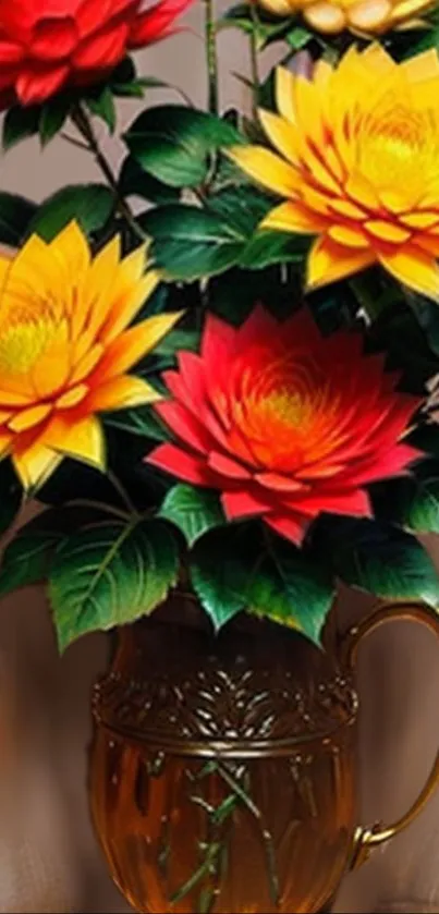 Vibrant bouquet of red, orange, and yellow flowers in a decorative vase.