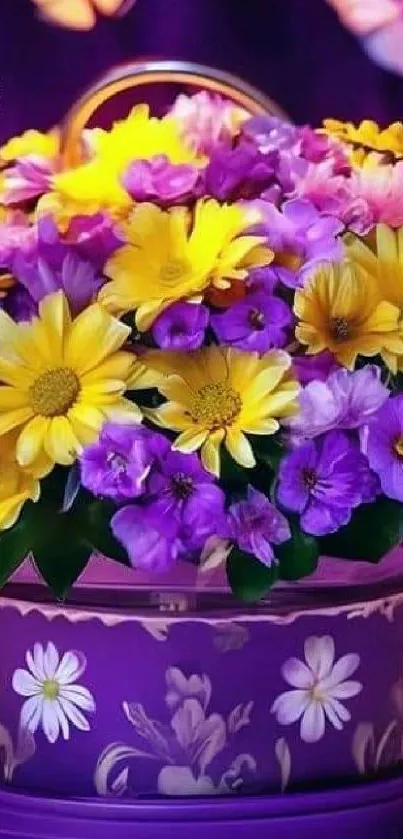 Vibrant floral bouquet in a purple decorative vase with yellow and purple flowers.