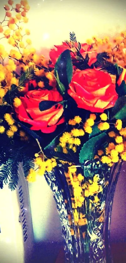 Bright floral arrangement in vase with orange roses and yellow blooms.