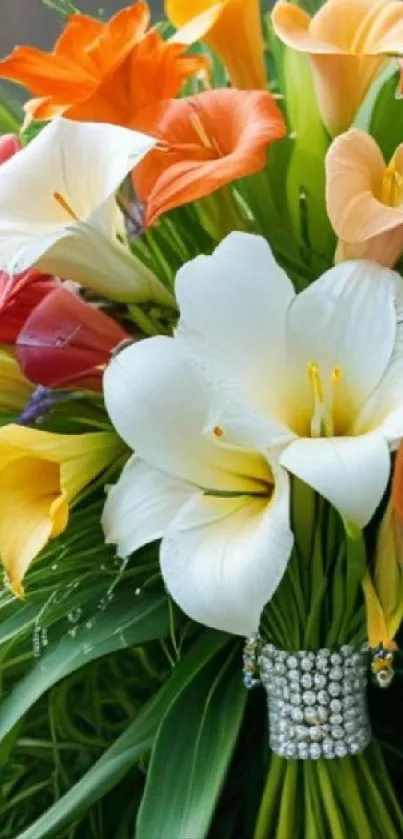 Colorful bouquet of vibrant lilies with lush green leaves.