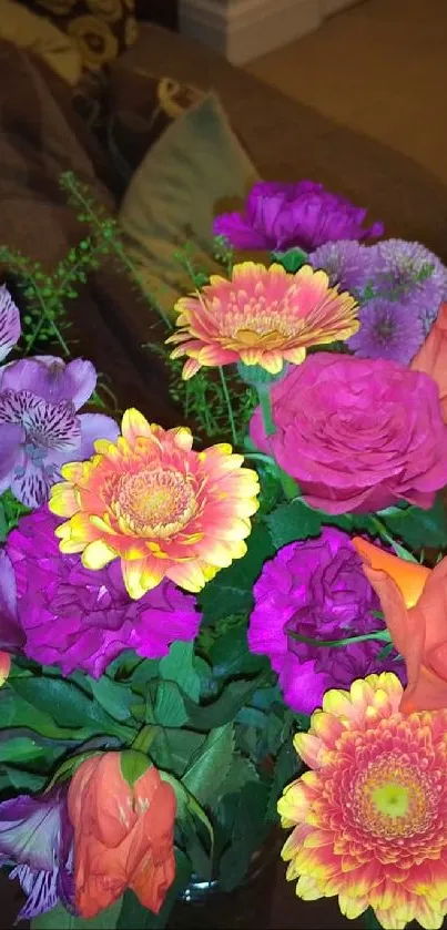 Vibrant bouquet of colorful flowers on a sofa in a cozy room.