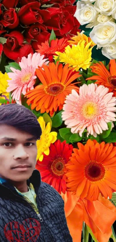 Vibrant floral bouquet with colorful flowers and a person.