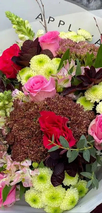 A vibrant bouquet of pink and red flowers with lush greenery.