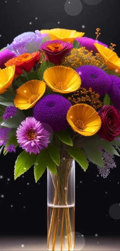 Vibrant floral bouquet in a glass vase with colorful purple, yellow, and red blooms.