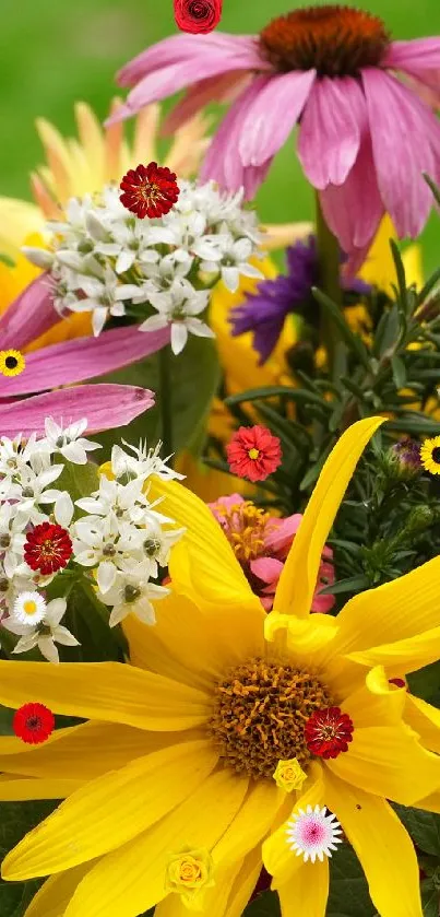 Vibrant floral bouquet with colorful blooms against a green background.