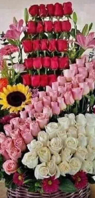 Colorful floral bouquet with roses and sunflowers in a basket.