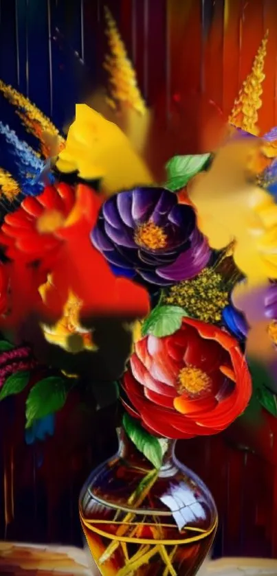 Vibrant arrangement of colorful flowers in a vase against a multicolored backdrop.