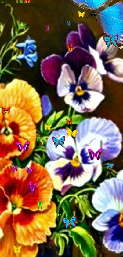 Colorful pansy flowers with a butterfly on a dark green background.