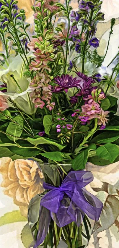 Vibrant floral bouquet with purple ribbon in artistic style.