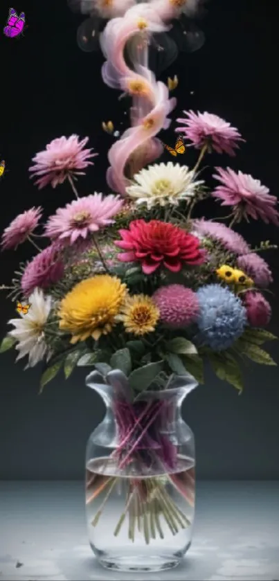 Colorful bouquet in a glass vase with butterflies