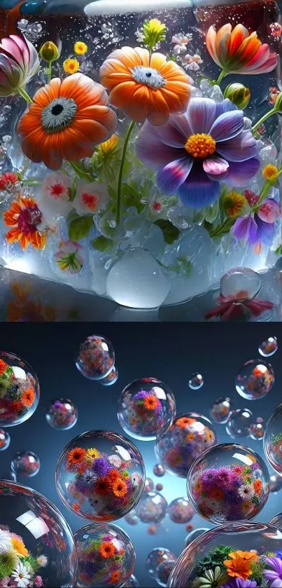 Vibrant flowers encased in bubble art on a dark blue background.