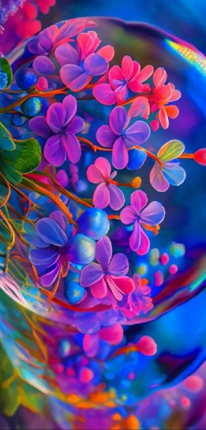 Vibrant floral arrangement inside a colorful bubble on a phone wallpaper.