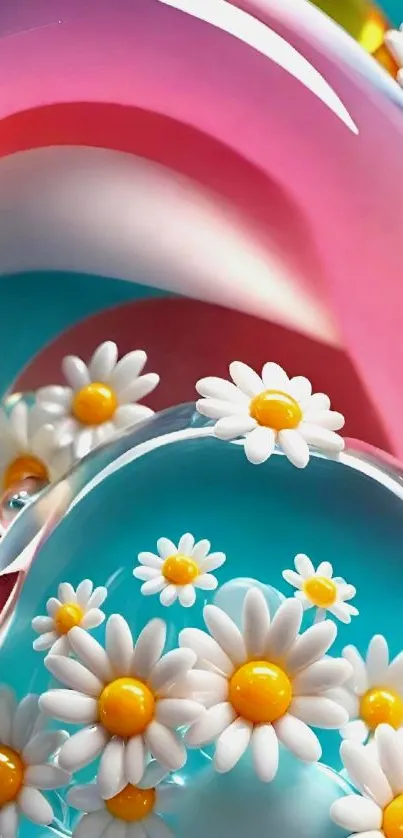 Vibrant daisy flowers in colorful abstract bubbles.