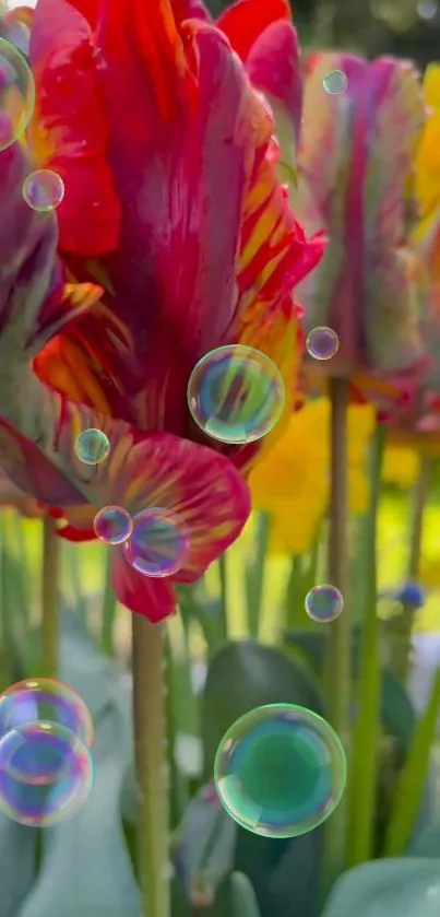 Vibrant tulips with bubbles creating a whimsical scene.