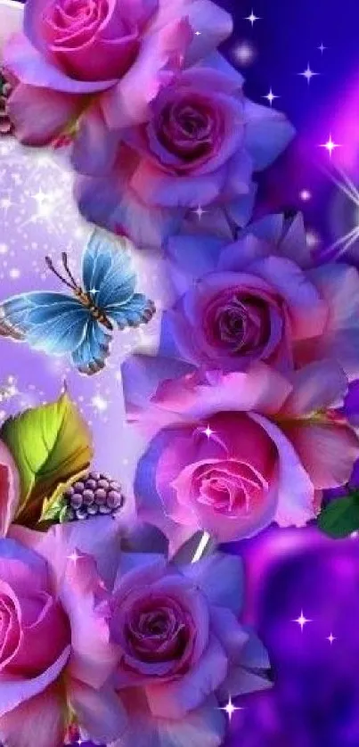 Purple roses and butterfly wallpaper with vibrant colors.