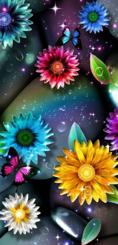 Vibrant artistic wallpaper with colorful flowers and butterflies.