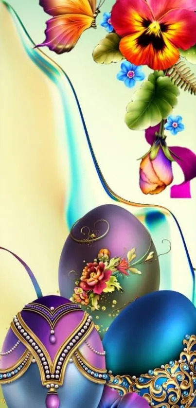 Colorful floral wallpaper with butterflies and Easter eggs.