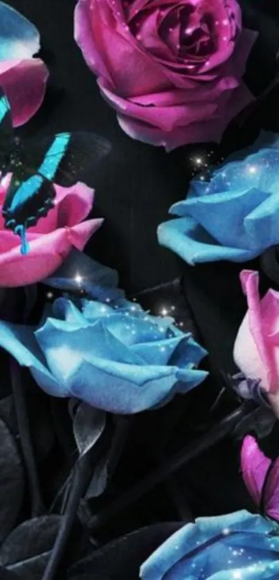 Pink and blue roses with butterflies on a dark background.