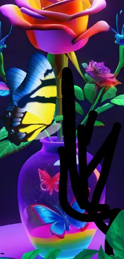 Vibrant flowers and butterflies in glowing vase.