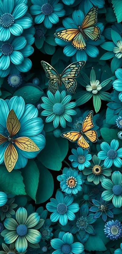 Colorful teal flowers with butterflies wallpaper art.