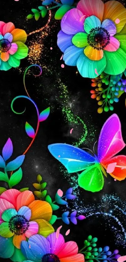 Vibrant butterfly and flowers on dark background.