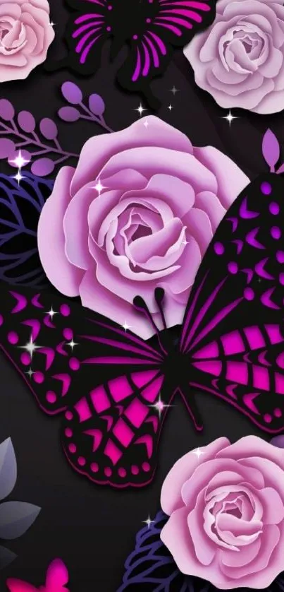 Pink roses and purple butterfly wallpaper with floral accents.