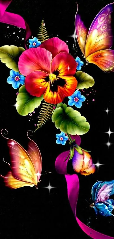 Vibrant floral wallpaper with colorful butterflies on black background.