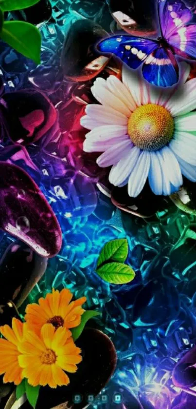 Vibrant floral and butterfly wallpaper with bright colors.