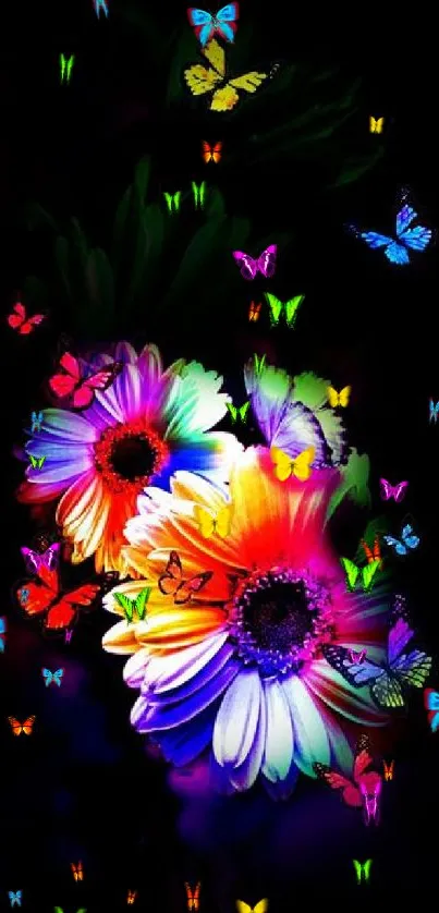 Vibrant artwork with colorful flowers and butterflies on a black background.