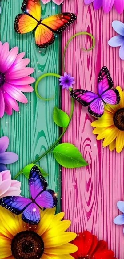 Vibrant floral and butterfly design wallpaper.