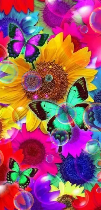 Colorful floral wallpaper with butterflies and sunflowers.