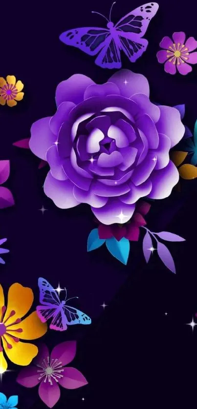 Vibrant purple flowers and butterflies on dark background.