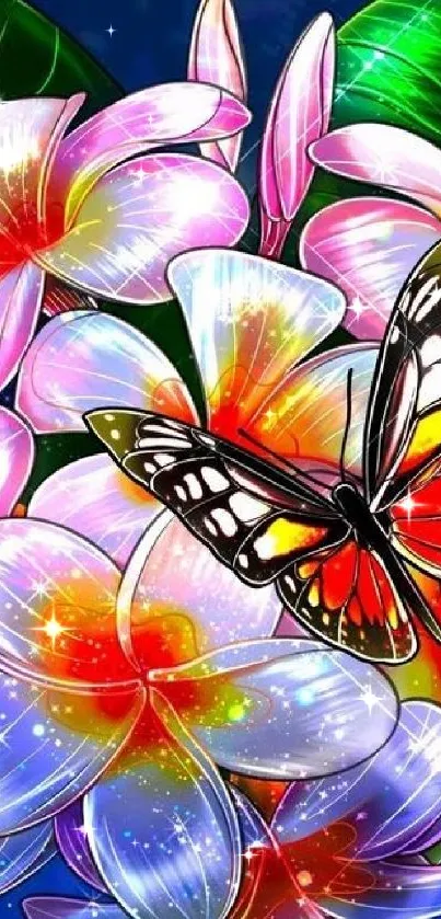 Colorful butterfly on vibrant floral bouquet with indigo background.