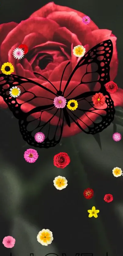 Red rose with butterfly and flowers wallpaper art.