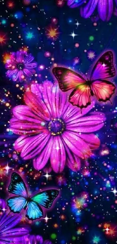 Vibrant phone wallpaper with butterflies and flowers in purple hues.