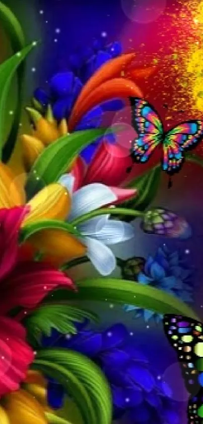 Vibrant mobile wallpaper with colorful flowers and butterflies.