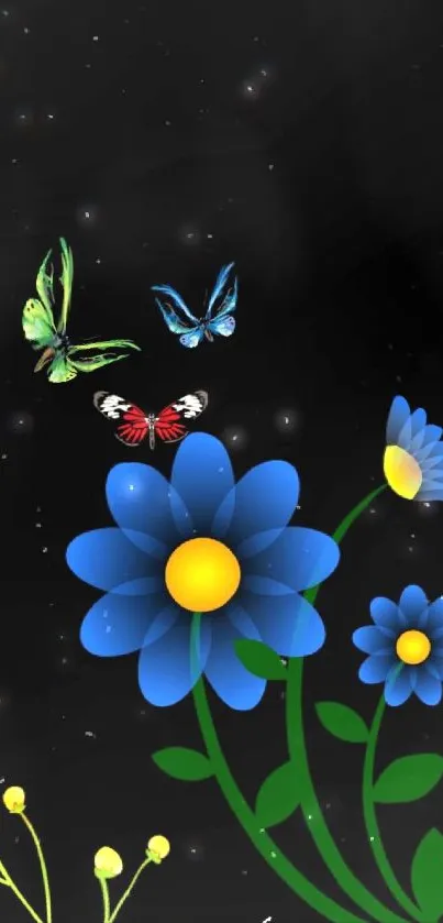 Blue flowers and butterflies on black background wallpaper.