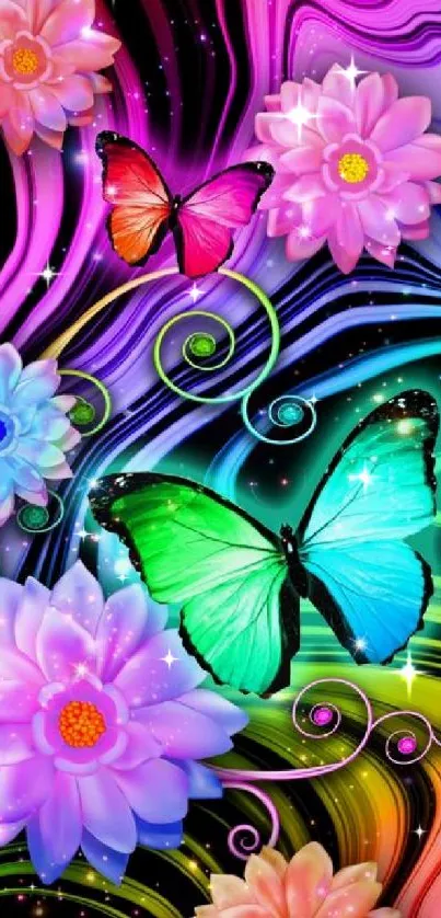 Colorful butterfly and floral mobile wallpaper with pink hues.